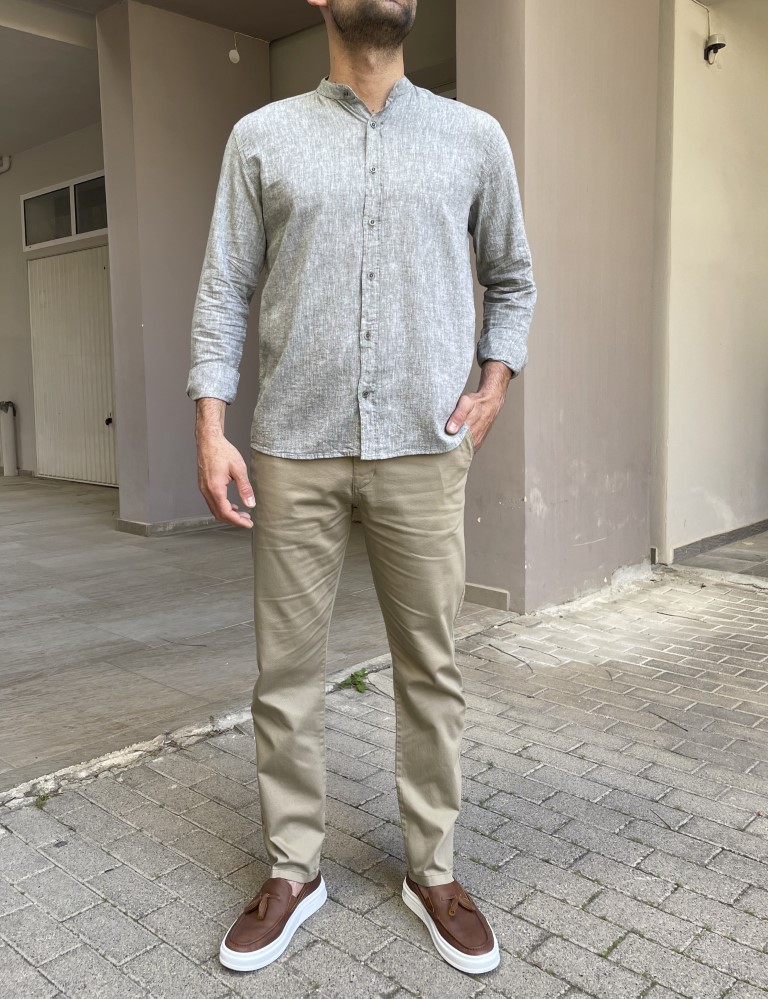 Ανδρικό λινό χακί πουκάμισο με μάο γιακά 9663X φωτογραφία